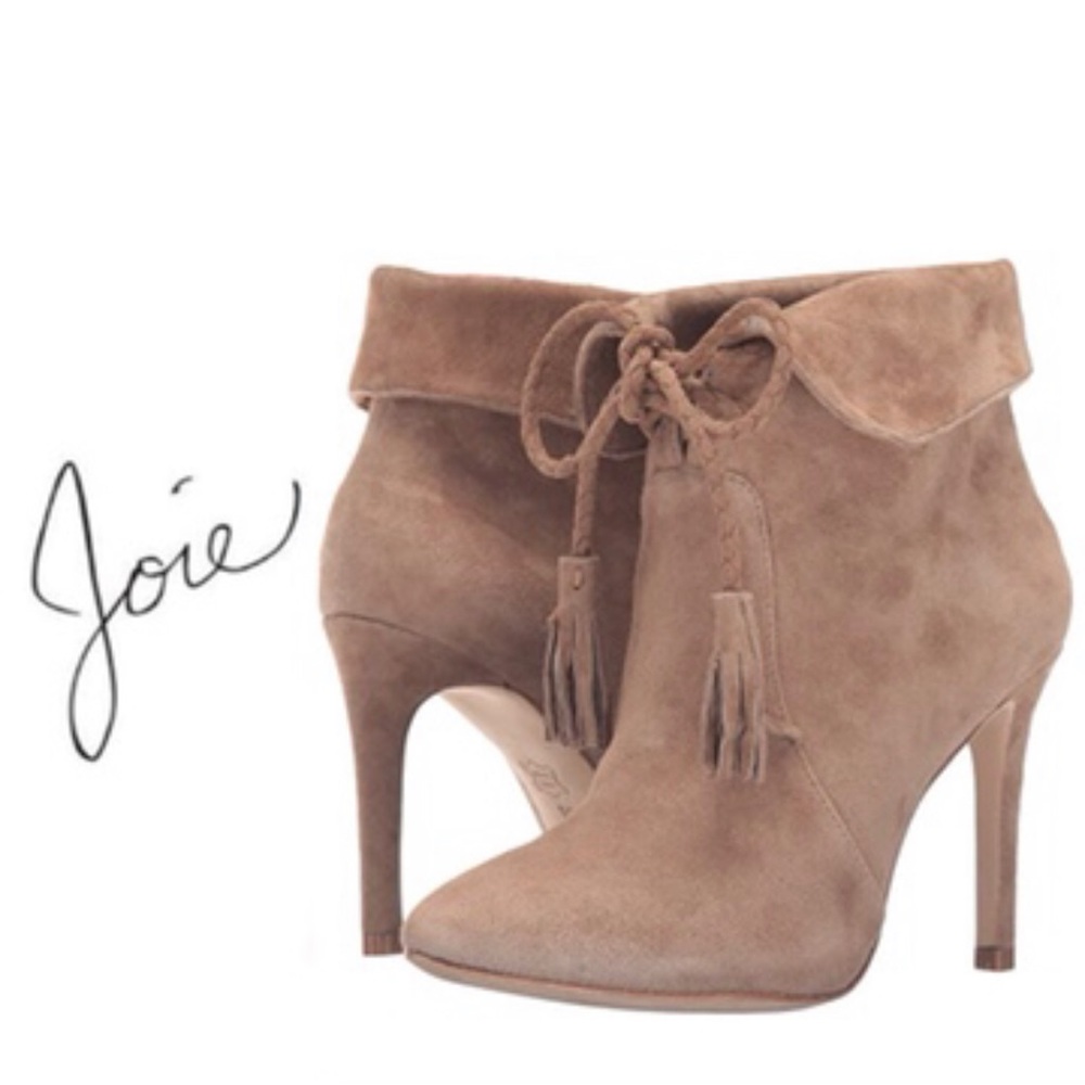 $395~JOIE~Beige ‘Ciera’ Lace Up Tassel Tan Suede Fold Cuff Ankle Booties~9.5/10